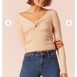 Brown Beige Ribbed Twist-Front Long Sleeve Top Size S Thick Material